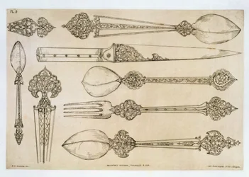 1857年、パリのDelatreによって公開された「芸術と産業」からの日常の銀食器用のペルシャデザイン